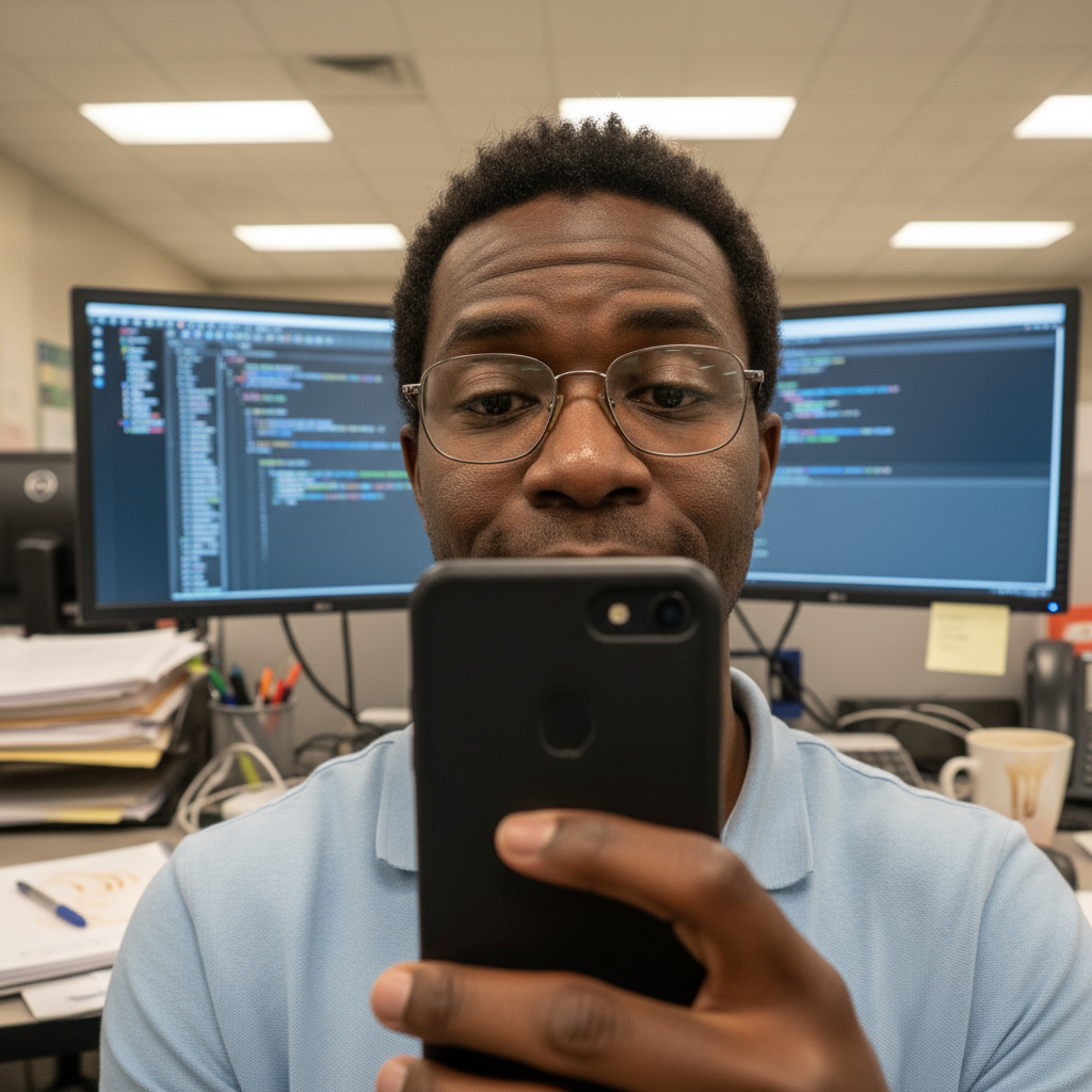 Phone selfie at desk